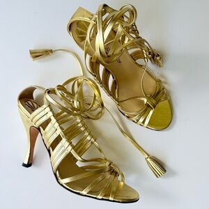 Vintage Hollywould Y2K Gold Leather Wrap High Heel Sandals 7.5 Made in Italy